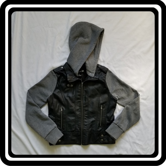Forever 21 Jackets & Blazers - Forever 21 Faux Leather Combo Moto Jacket w/ Hood